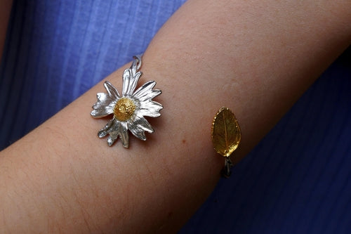 Sterling Silver Cuff Bracelet: Real Daisy and Sunflower Leaves