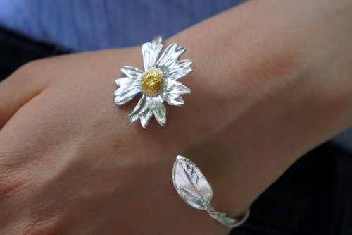Sterling Silver Cuff Bracelet: Real Daisy and Sunflower Leaves