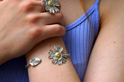 Sterling Silver Cuff Bracelet: Real Daisy and Sunflower Leaves